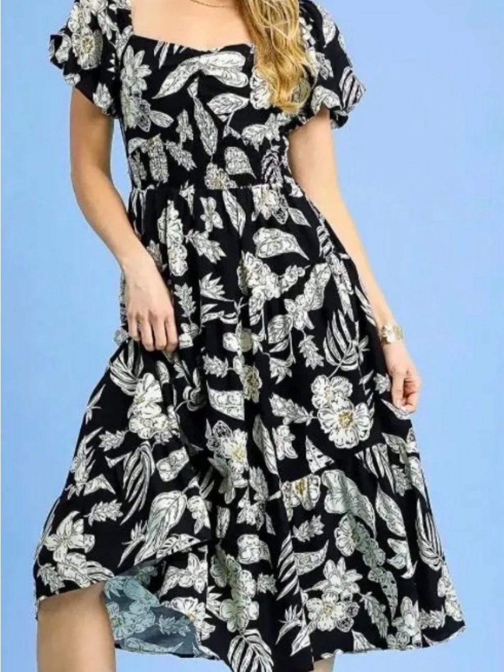Black Floral Midi Dress with Puff Sleeves